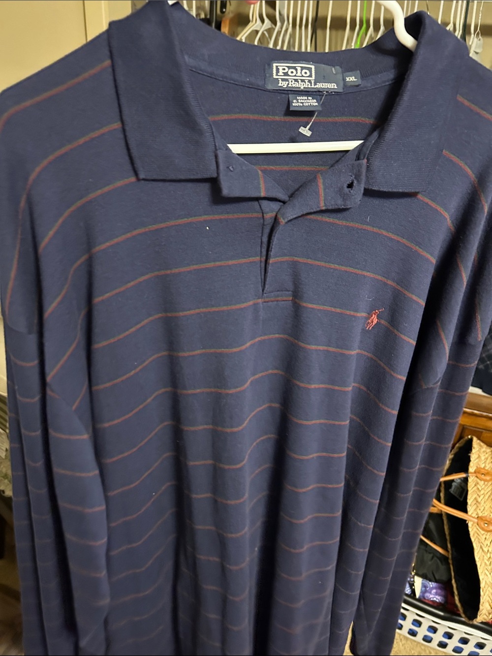 Polo by Ralph Lauren Navy Long-Sleeve Polo with Rust Stripe